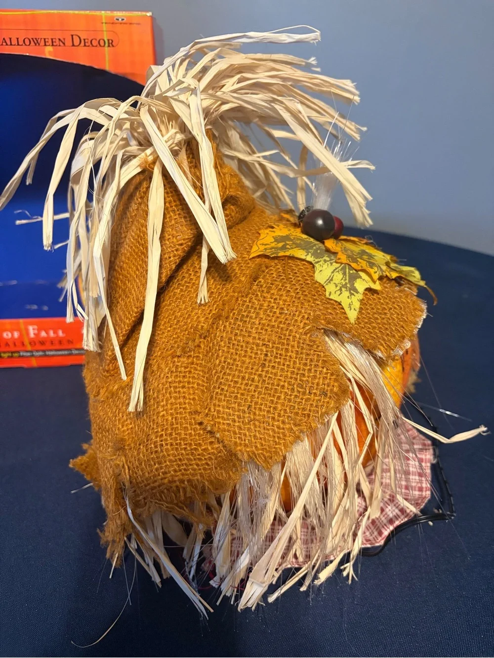 Vintage Colors Of Fall Halloween Fiber Optic Scarecrow Pumpkin With Hat And Box.